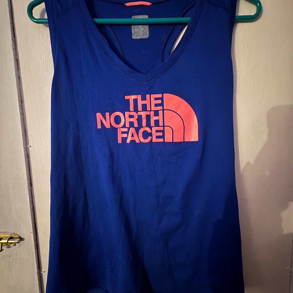 The North Face Blue Athletic Tank Top with Pink Logo